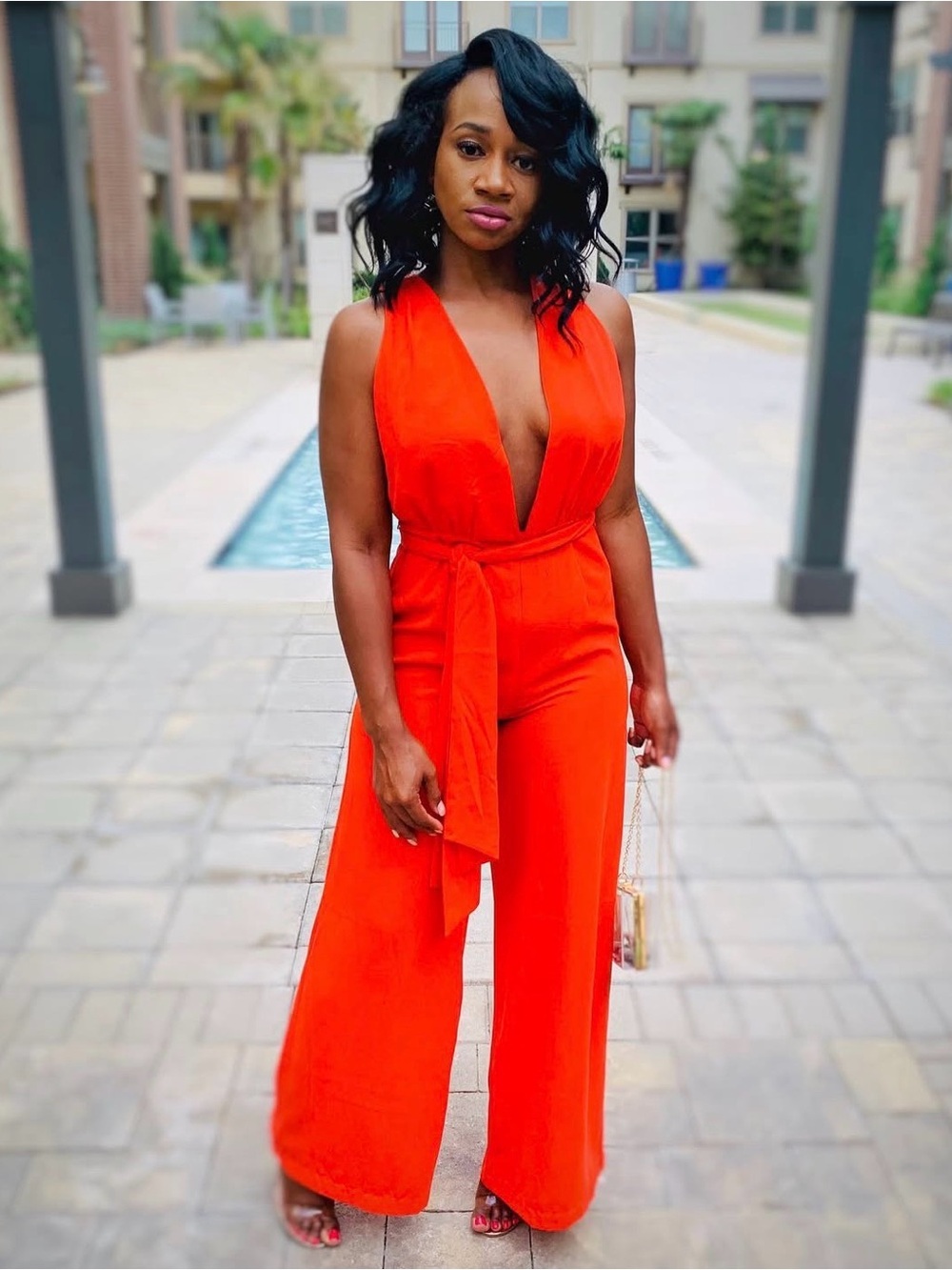 Forever 21 Sleeveless Deep V Wide-Leg Jumpsuit in Orange